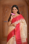 Shubh Lakshmi ~ Handloom High Quality Pure Soft Silk Saree in Off White and Pink (Silk Mark Certified)