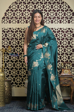 Shubh Lakshmi 2.0 ~ Handloom High Quality Pure Katan Silk Saree in Teal Blue and Gold (Silk Mark Certified)