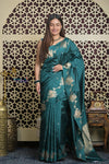 Shubh Lakshmi 2.0 ~ Handloom High Quality Pure Katan Silk Saree in Teal Blue and Gold (Silk Mark Certified)