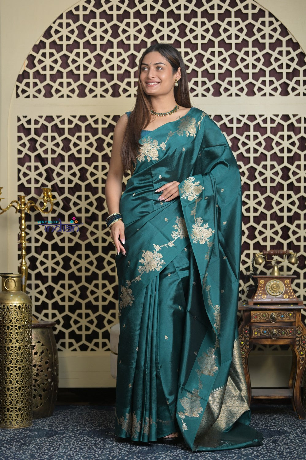 Shubh Lakshmi 2.0 ~ Handloom High Quality Pure Katan Silk Saree in Teal Blue and Gold (Silk Mark Certified)