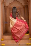Shubh Lakshmi ~ Handloom High Quality Pure Soft Silk Saree in Off White and Pink (Silk Mark Certified)