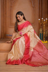 Shubh Lakshmi ~ Handloom High Quality Pure Soft Silk Saree in Off White and Pink (Silk Mark Certified)