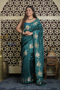 Shubh Lakshmi 2.0 ~ Handloom High Quality Pure Katan Silk Saree in Teal Blue and Gold (Silk Mark Certified)