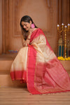 Shubh Lakshmi ~ Handloom High Quality Pure Soft Silk Saree in Off White and Pink (Silk Mark Certified)