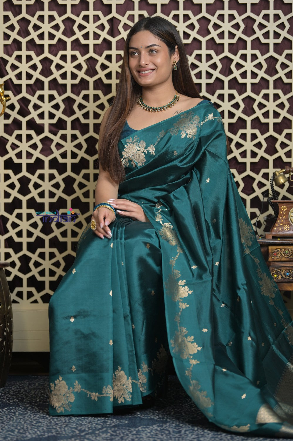 Shubh Lakshmi 2.0 ~ Handloom High Quality Pure Katan Silk Saree in Teal Blue and Gold (Silk Mark Certified)