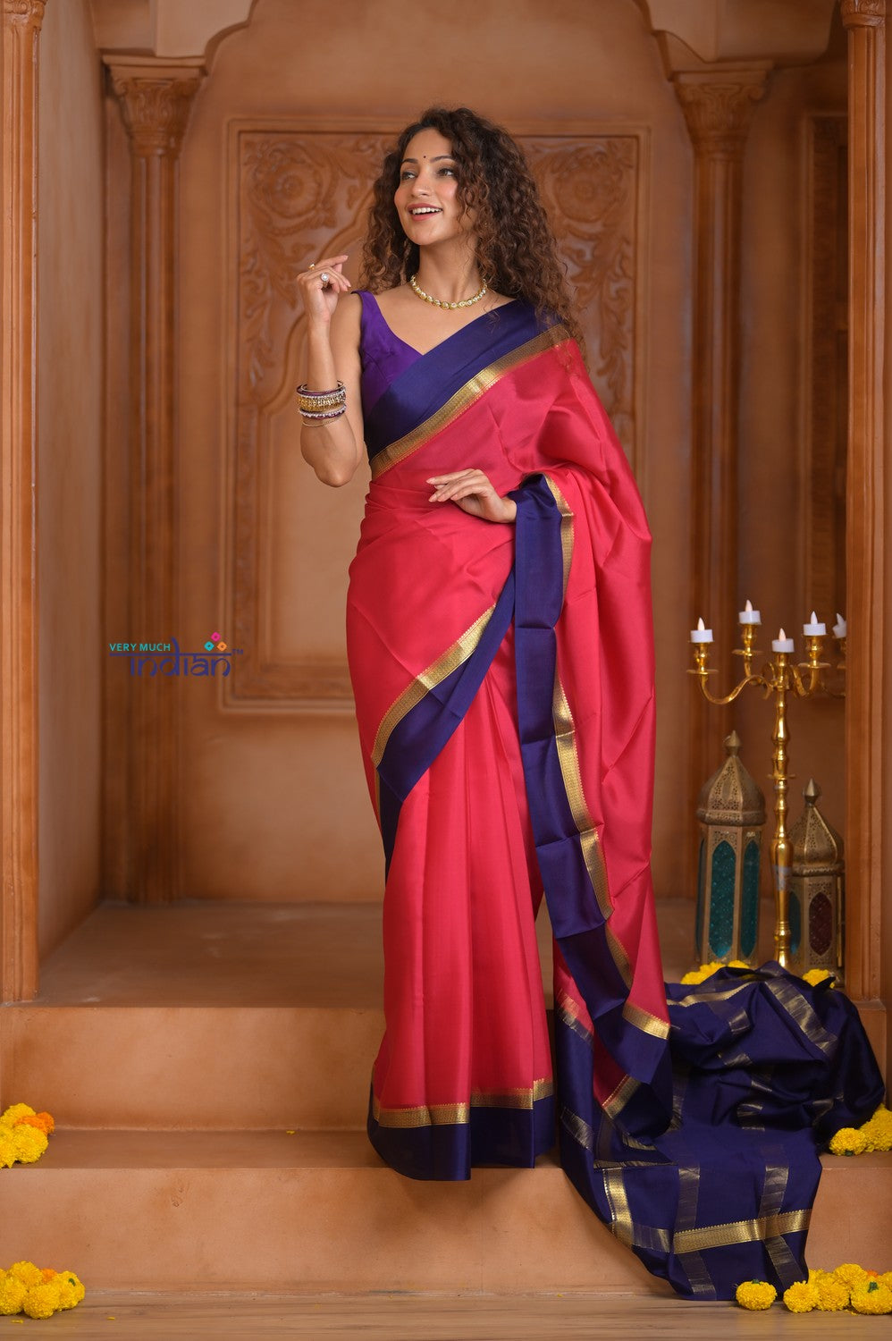 Shubh Lakshmi ~ Handloom Pure Mysore Silk Crepe in Red and Royal Blue (Silk Mark Certified)