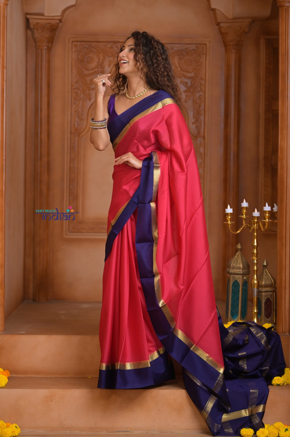 Shubh Lakshmi ~ Handloom Pure Mysore Silk Crepe in Red and Royal Blue (Silk Mark Certified)