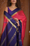 Shubh Lakshmi ~ Handloom Pure Mysore Silk Crepe in Red and Royal Blue (Silk Mark Certified)