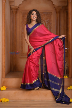 Shubh Lakshmi ~ Handloom Pure Mysore Silk Crepe in Red and Royal Blue (Silk Mark Certified)