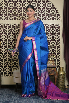 Shubh Lakshmi 2.0 ~ Handloom High Quality Pure Soft Silk Saree in Azure Blue and Purple (Silk Mark Certified)