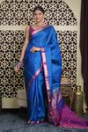 Shubh Lakshmi 2.0 ~ Handloom High Quality Pure Soft Silk Saree in Azure Blue and Purple (Silk Mark Certified)