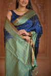 Shubh Lakshmi ~ Handloom High Quality Pure Soft Silk Saree in Dark Blue and Green (Silk Mark Certified)