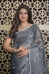 Shubh Lakshmi 2.0 ~ Designer Handloom Pure Linen  Saree with Hand Weave in Starlight Grey
