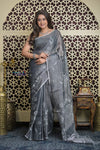 Shubh Lakshmi 2.0 ~ Designer Handloom Pure Linen  Saree with Hand Weave in Starlight Grey
