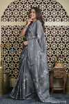 Shubh Lakshmi 2.0 ~ Designer Handloom Pure Linen  Saree with Hand Weave in Starlight Grey