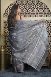 Shubh Lakshmi 2.0 ~ Designer Handloom Pure Linen  Saree with Hand Weave in Starlight Grey
