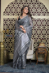 Shubh Lakshmi 2.0 ~ Designer Handloom Pure Linen  Saree with Hand Weave in Starlight Grey