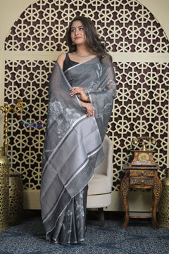 Shubh Lakshmi 2.0 ~ Designer Handloom Pure Linen  Saree with Hand Weave in Starlight Grey