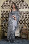 Shubh Lakshmi 2.0 ~ Designer Handloom Pure Linen  Saree with Hand Weave in Starlight Grey