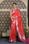 Shubh Lakshmi 2.0 ~ Handloom High Quality Pure Katan Silk Saree in Delight Red and Pink (Silk Mark Certified)