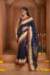 Shubh Lakshmi ~ Handloom High Quality Pure Soft Silk Saree in Dark Blue and Red Border (Silk Mark Certified)
