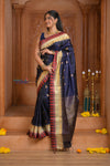 Shubh Lakshmi ~ Handloom High Quality Pure Soft Silk Saree in Dark Blue and Red Border (Silk Mark Certified)
