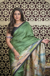 Shubh Lakshmi 2.0~ Handloom Tussar Silk Saree with Handpainted Sea Side Pallu in Grass Green