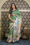 Shubh Lakshmi 2.0~ Handloom Tussar Silk Saree with Handpainted Sea Side Pallu in Grass Green
