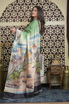 Shubh Lakshmi 2.0~ Handloom Tussar Silk Saree with Handpainted Sea Side Pallu in Grass Green