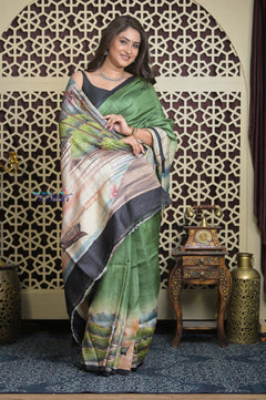 Shubh Lakshmi 2.0~ Handloom Tussar Silk Saree with Handpainted Sea Side Pallu in Grass Green