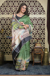 Shubh Lakshmi 2.0~ Handloom Tussar Silk Saree with Handpainted Sea Side Pallu in Grass Green