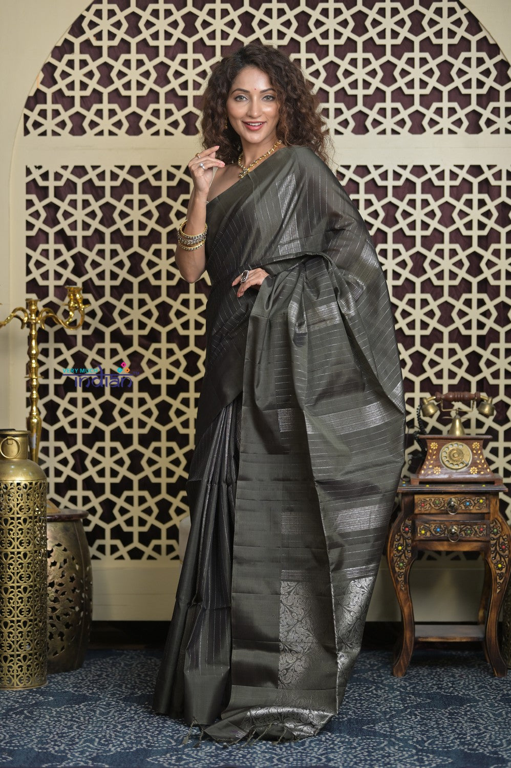 Shubh Lakshmi 2.0 ~ Handloom High Quality Pure Soft Silk Saree in Taupe and Silver (Silk Mark Certified)