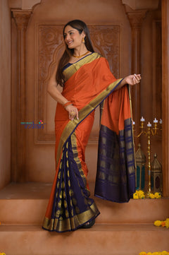 Shubh Lakshmi ~ Handloom Pure Mysore Silk Patli Pallu Crepe Saree in Orange and Dark Blue (Silk Mark Certified)