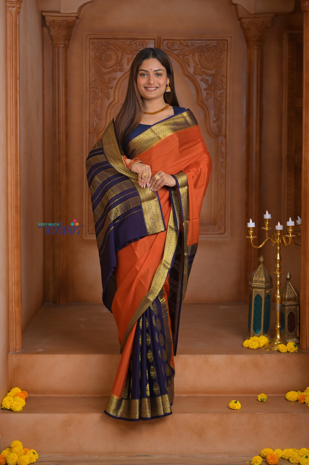 Shubh Lakshmi ~ Handloom Pure Mysore Silk Patli Pallu Crepe Saree in Orange and Dark Blue (Silk Mark Certified)