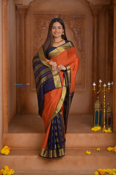 Shubh Lakshmi ~ Handloom Pure Mysore Silk Patli Pallu Crepe Saree in Orange and Dark Blue (Silk Mark Certified)