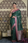 Shubh Lakshmi 2.0 ~ Handloom High Quality Pure Chiniya Silk Saree in Forest Green and Pink (Silk Mark Certified)