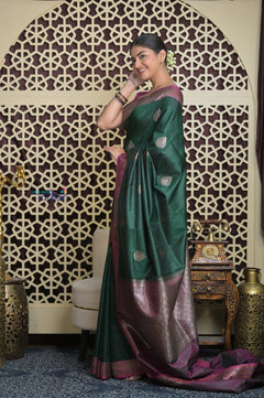 Shubh Lakshmi 2.0 ~ Handloom High Quality Pure Chiniya Silk Saree in Forest Green and Pink (Silk Mark Certified)
