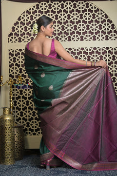 Shubh Lakshmi 2.0 ~ Handloom High Quality Pure Chiniya Silk Saree in Forest Green and Pink (Silk Mark Certified)