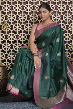 Shubh Lakshmi 2.0 ~ Handloom High Quality Pure Chiniya Silk Saree in Forest Green and Pink (Silk Mark Certified)
