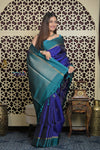 Shubh Lakshmi 2.0 ~ Handloom High Quality Pure Soft Silk Saree in Marine Blue and Green (Silk Mark Certified)
