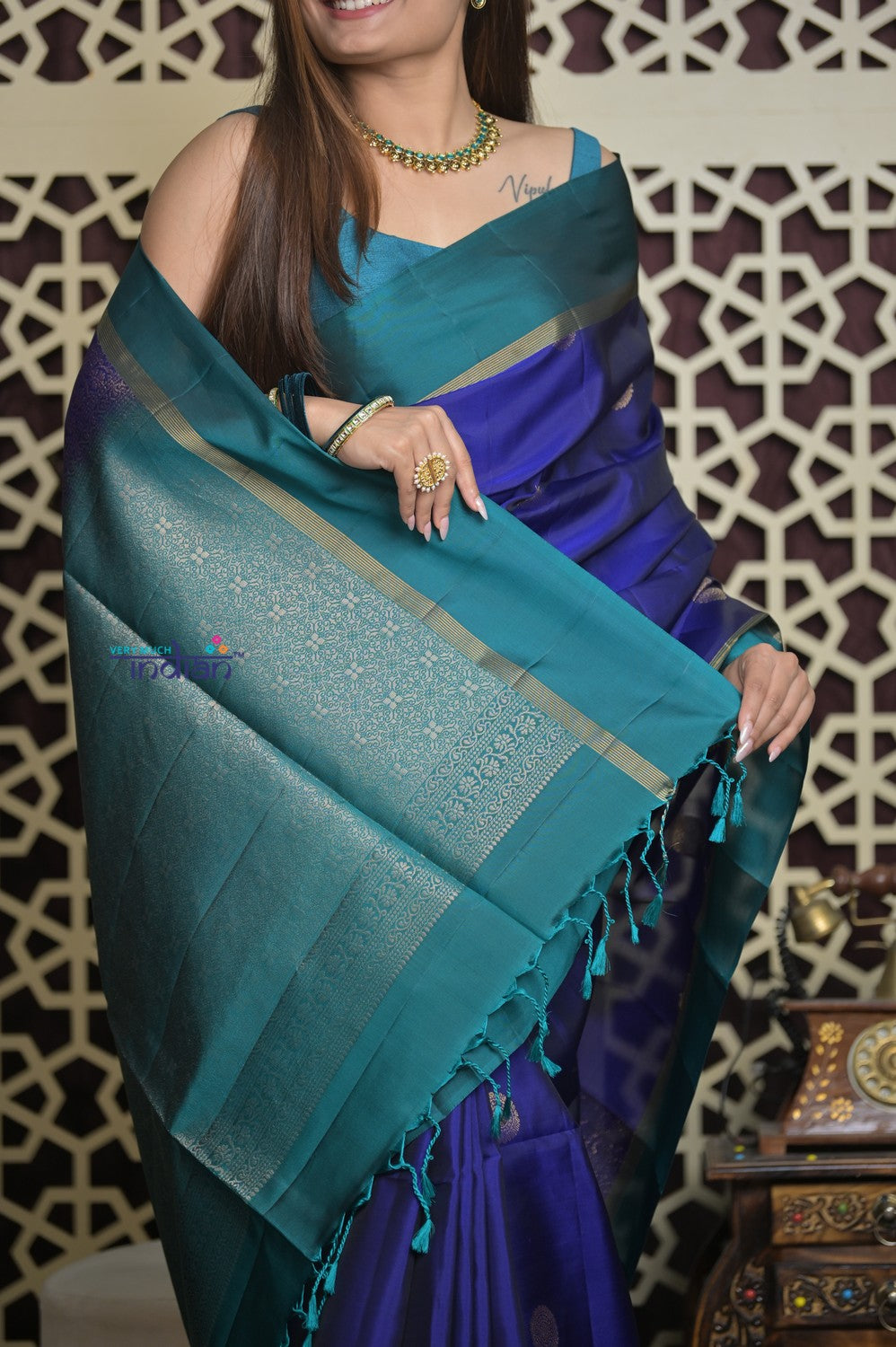 Shubh Lakshmi 2.0 ~ Handloom High Quality Pure Soft Silk Saree in Marine Blue and Green (Silk Mark Certified)