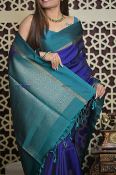 Shubh Lakshmi 2.0 ~ Handloom High Quality Pure Soft Silk Saree in Marine Blue and Green (Silk Mark Certified)