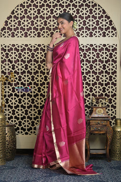 Shubh Lakshmi 2.0 ~ Handloom High Quality Pure Katan Silk Saree in Magenta Pink (Silk Mark Certified)