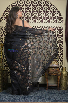 Shubh Lakshmi 2.0 ~ Designer Linen Jamdhani Saree with Handweave in Onyx Black