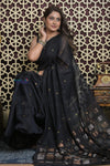 Shubh Lakshmi 2.0 ~ Designer Linen Jamdhani Saree with Handweave in Onyx Black