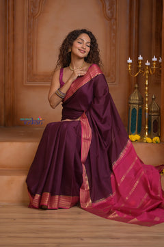 Shubh Lakshmi ~ Handloom Pure Mysore Silk Crepe Saree in Maroon and Pink (Silk Mark Certified)