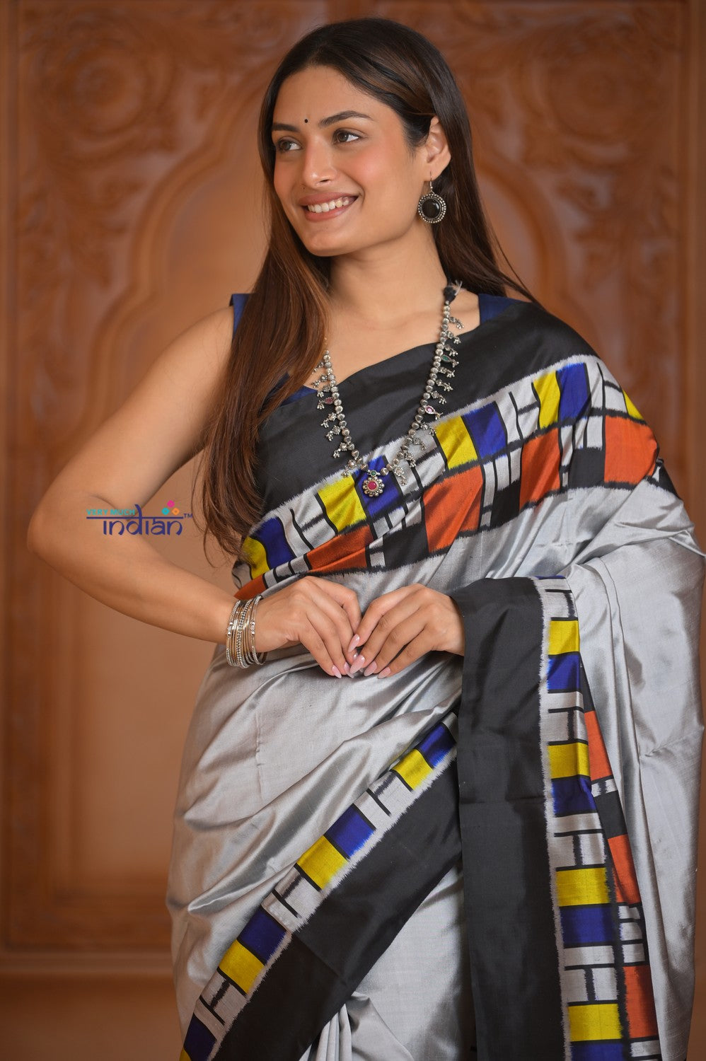 Shubh Lakshmi ~ Handloom Pure Silk Ikkat Patola Saree in Grey and Black (Silk Mark Certified)