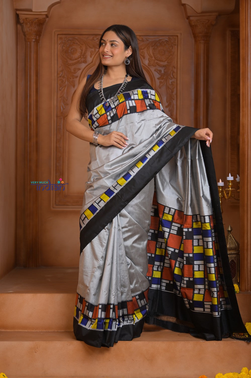 Shubh Lakshmi ~ Handloom Pure Silk Ikkat Patola Saree in Grey and Black (Silk Mark Certified)