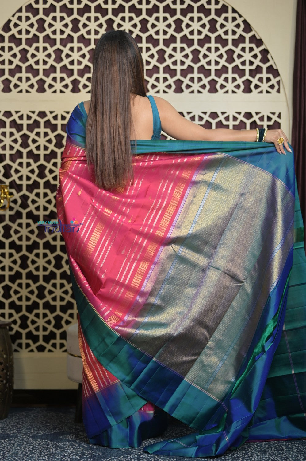 Shubh Lakshmi 2.0 ~ Handloom High Quality Pure Soft Silk Saree in Salient Pink and Blue (Silk Mark Certified)