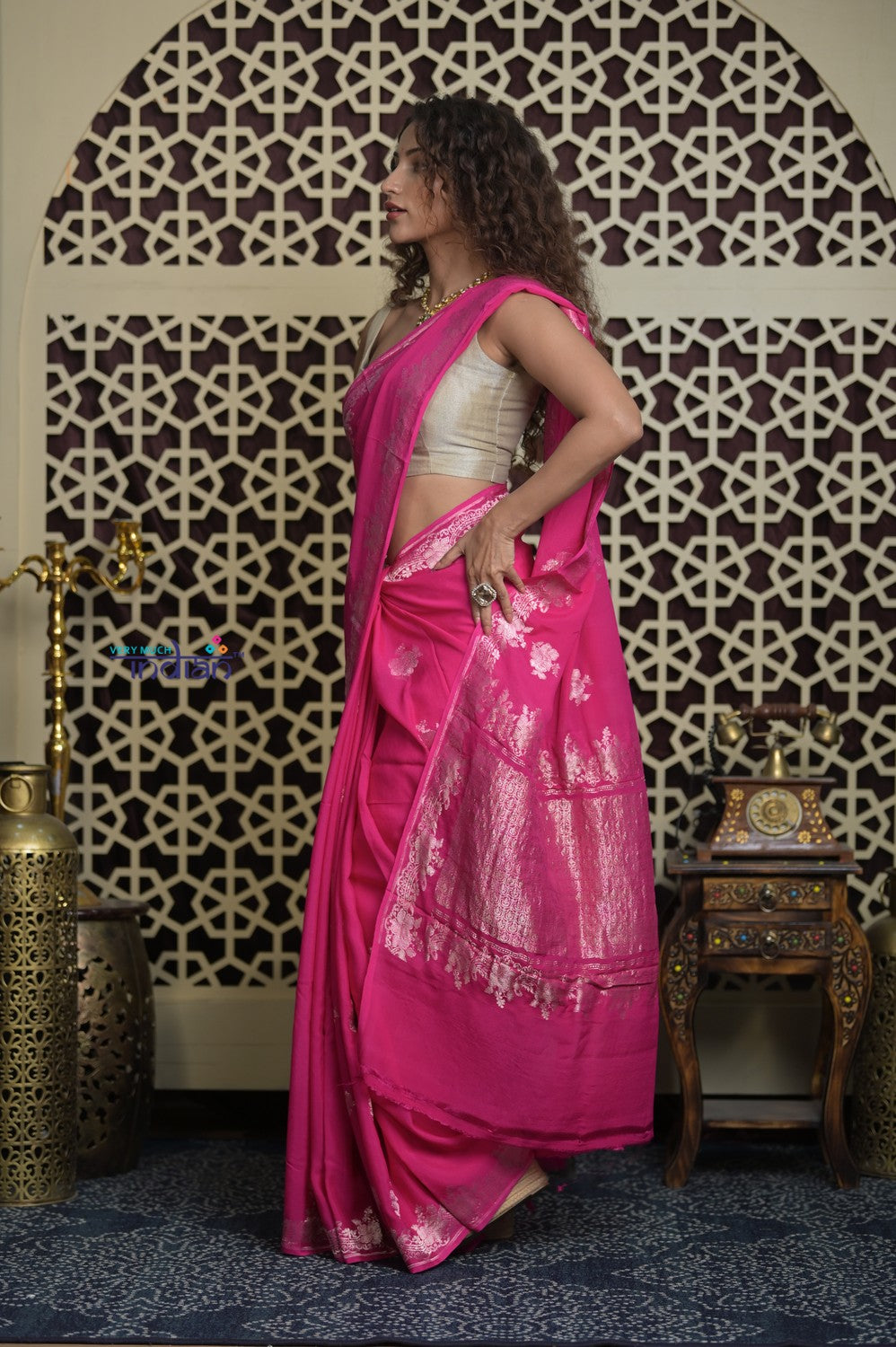 Shubh Lakshmi 2.0 ~ Handloom High Quality Pure Silk Chiffon Saree in Salient Pink (Silk Mark Certified)